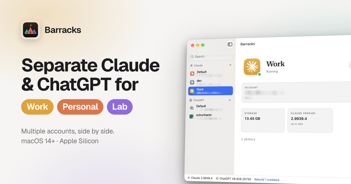 Barracks — Run multiple Claude & ChatGPT accounts side by side on Mac
