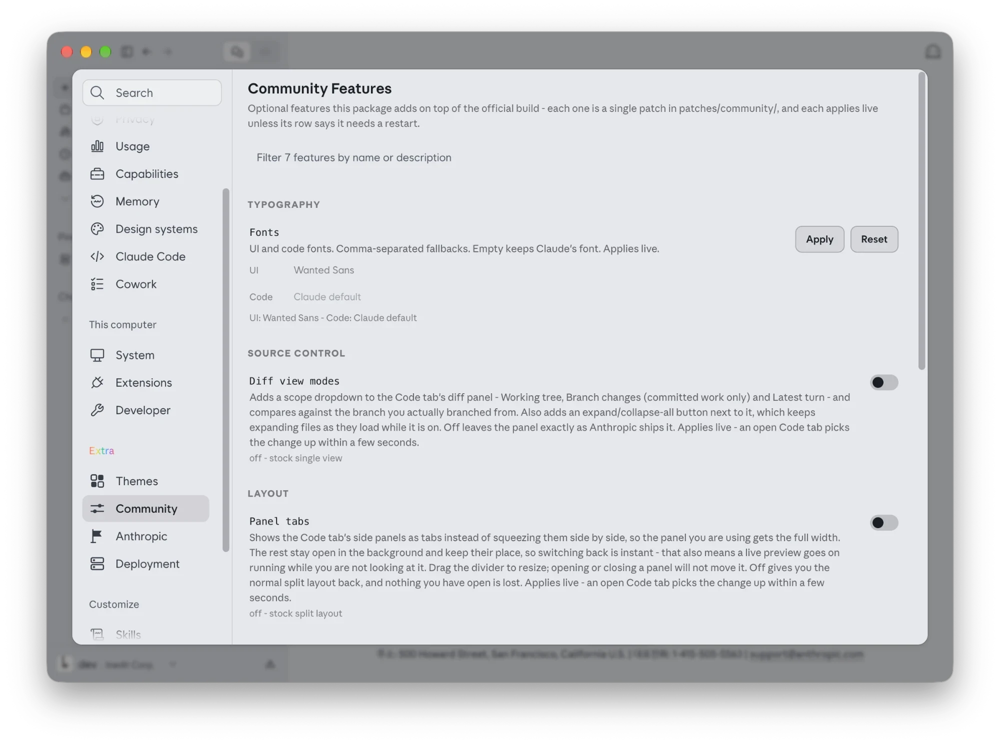Claude settings showing Extra features: fonts, diff view modes and panel tabs.